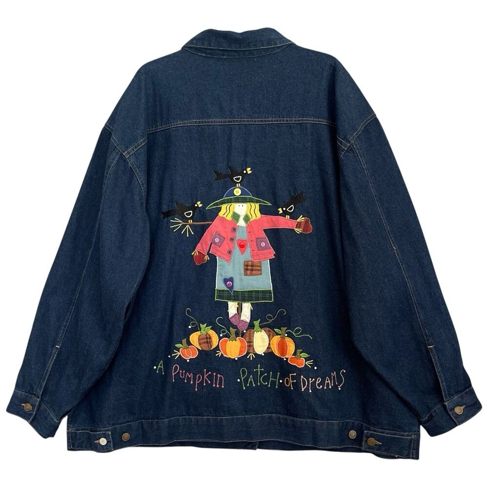 Quacker Factory Scarecrow Pumpkin Patch Denim Jacket 3X Fall Themed Chore Coat